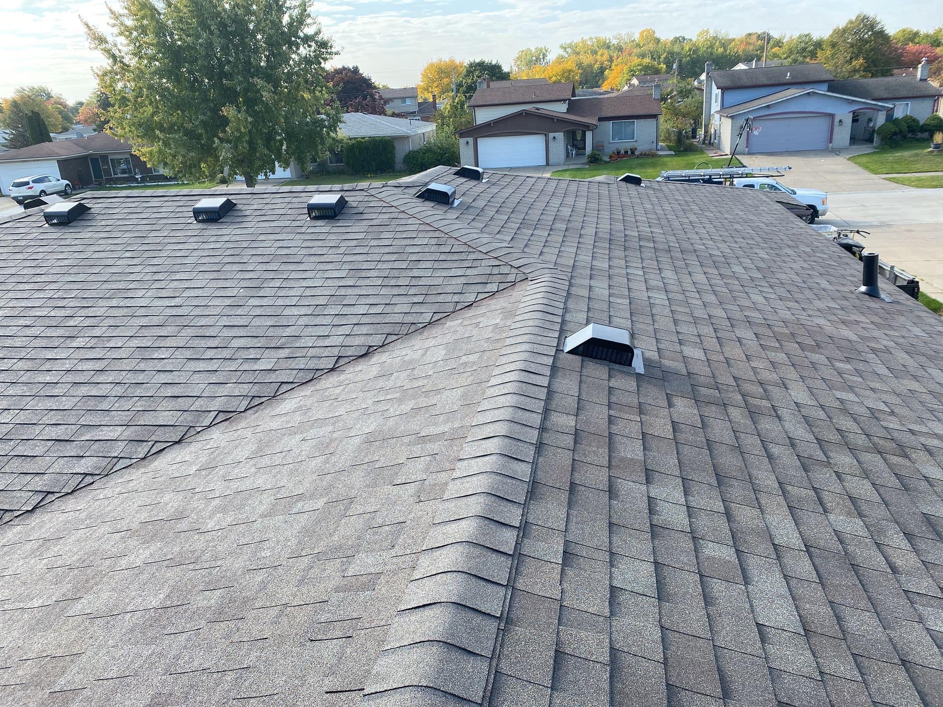 A completed roof replacement on Merrimac Drive in Sterling Heights.